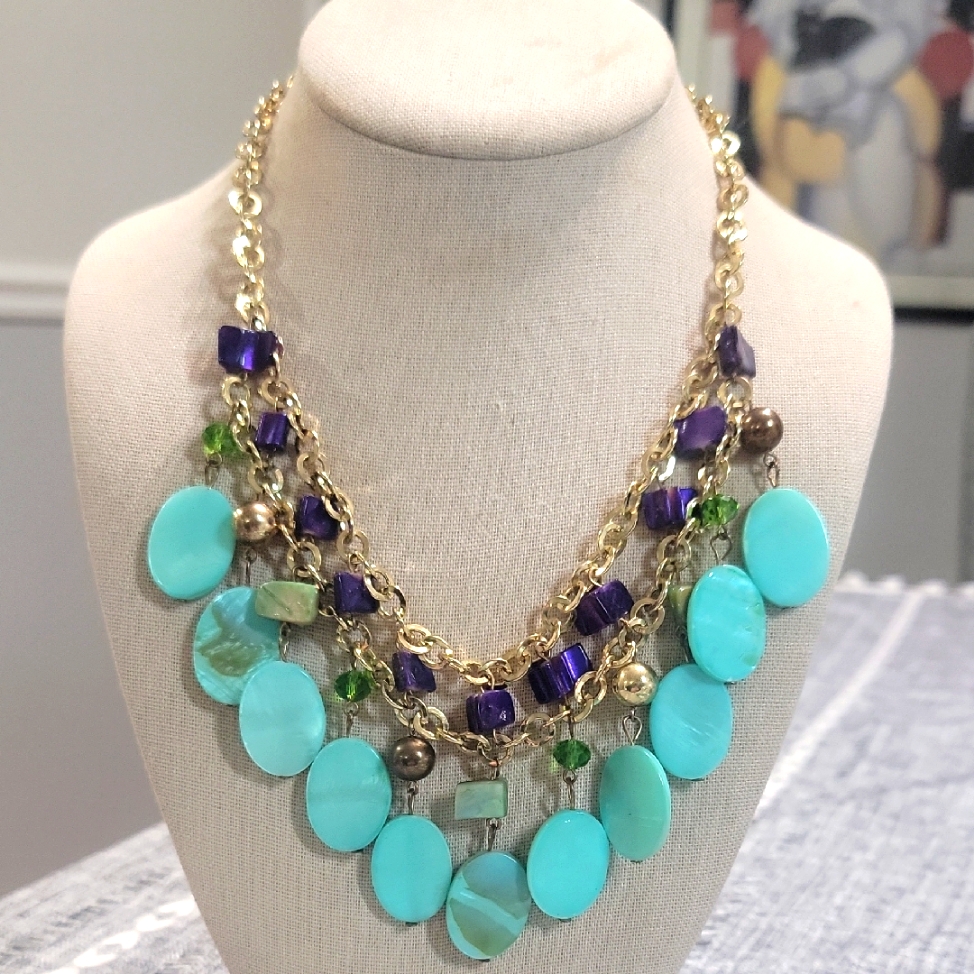 Erica Lyons Turquoise Purple Dyed Shell Necklace Gold Tone Signed 22$